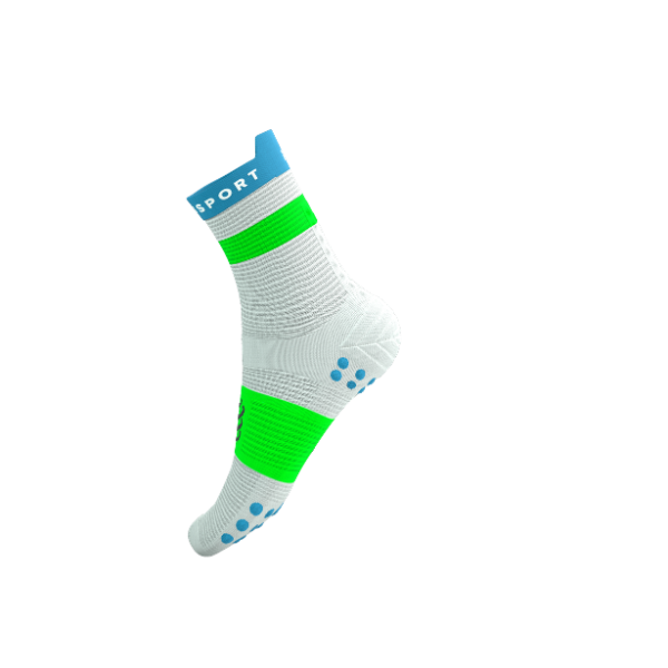Tất Chạy Bộ Compressport Pro Racing Socks v4.0 Run High - White/Norse Blue/Neon Green