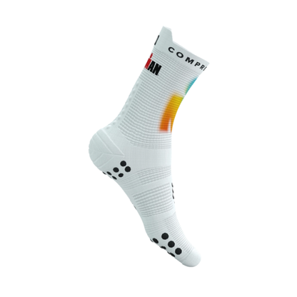 Tất chạy bộ Compressport Pro Racing Socks v4.0 Run High 360 IRONMAN - White/Sunrise