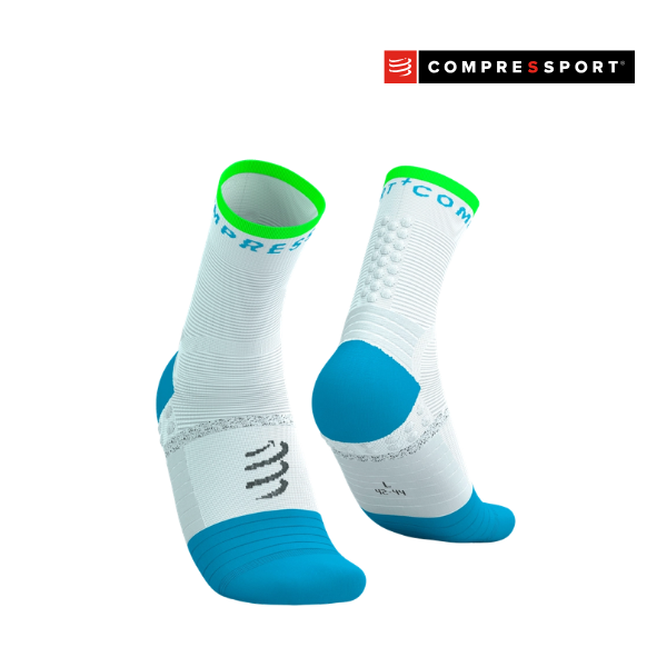 Tất chạy bộ Compressport Pro Marathon Socks v2.0 - White/Norse Blue/Neon Green