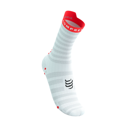 Tất chạy bộ Compressport Pro Racing Socks v4.0 Ultralight Run High - White/Fluo Red/Black