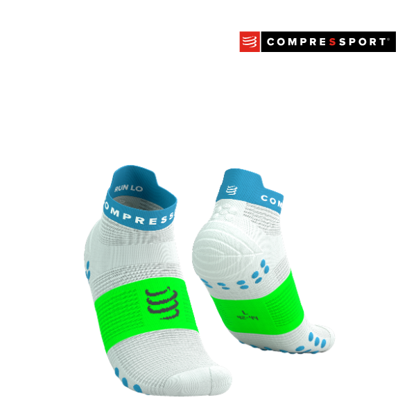 Tất Chạy Bộ Compressport Pro Racing Socks v4.0 Run Low - White/Norse Blue/Neon Green