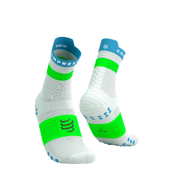 Tất Chạy Bộ Compressport Pro Racing Socks v4.0 Run High - White/Norse Blue/Neon Green